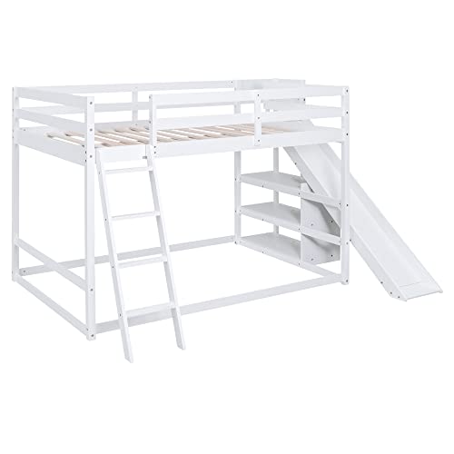 Modern Grey Wood Bunk Bed with Slide and Storage Shelves Q2980