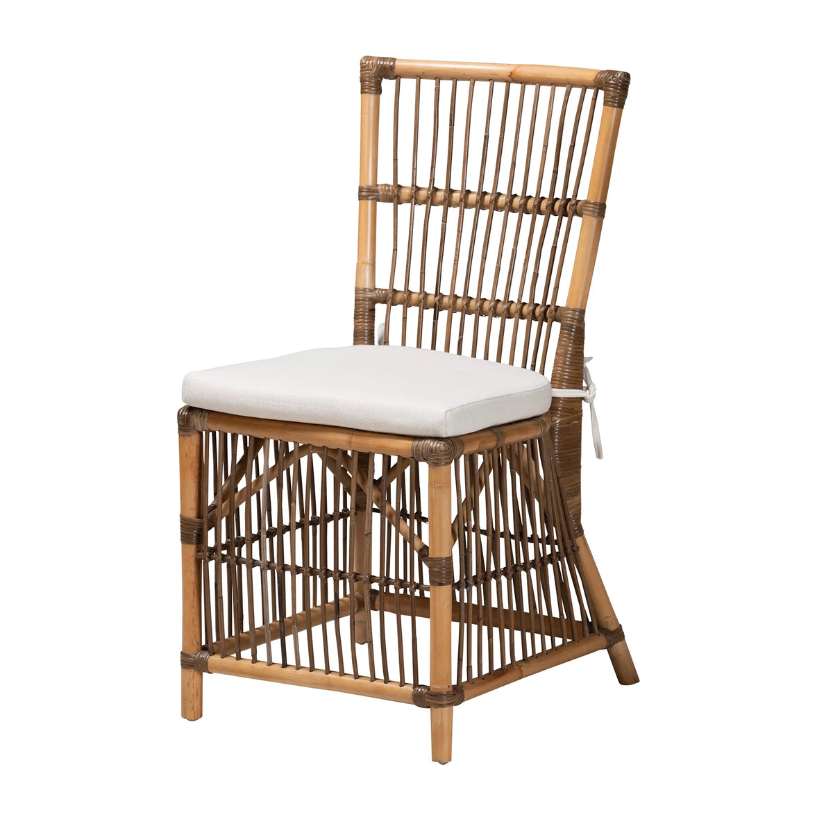White Fabric and Natural Brown Rattan Dining Chair D523