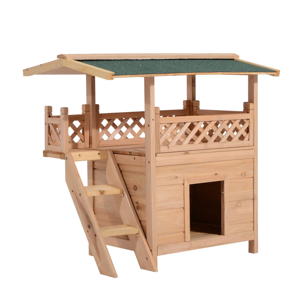 2-Story Wooden Cat House Shelter With Balcony Roof I916