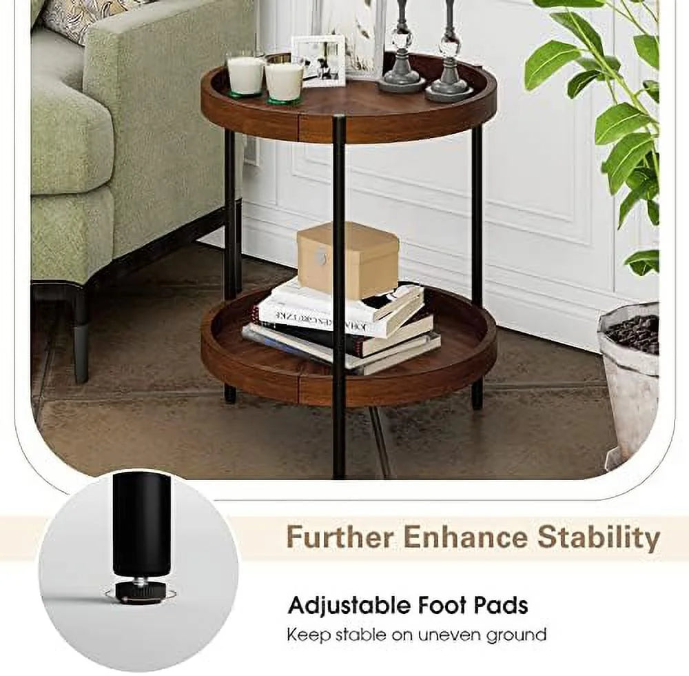 Round Side Table with Shelf Steel Frame Wood Accent Table C5354