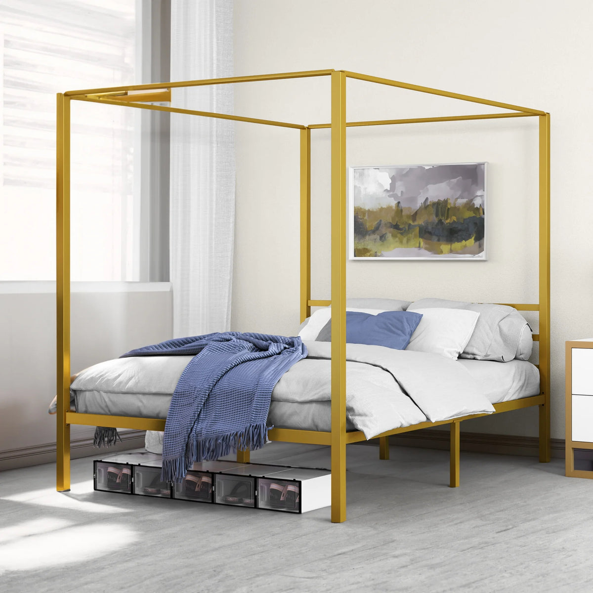 Queen Size Gold Metal Canopy Bed Frame with Headboard I595026