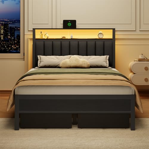 Grey Upholstered Twin Bed Frame with Charging Station and LED Lights C461