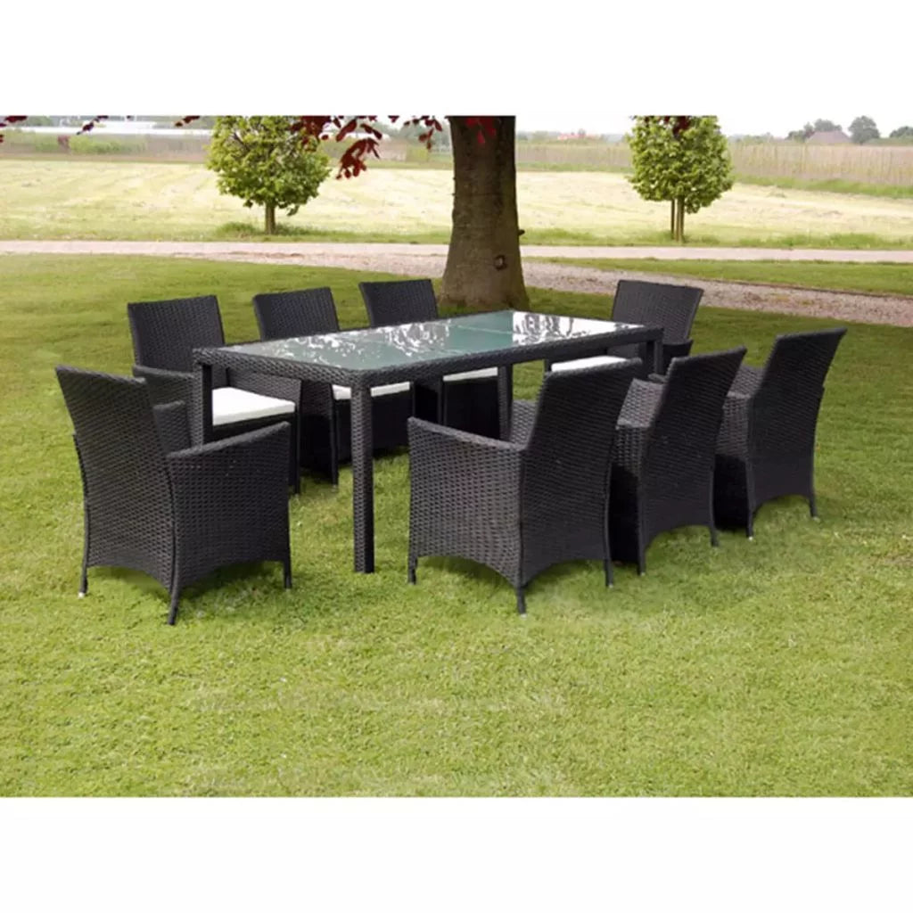 Black 9 Piece Poly Rattan Patio Dining Set with Cushions Z66557