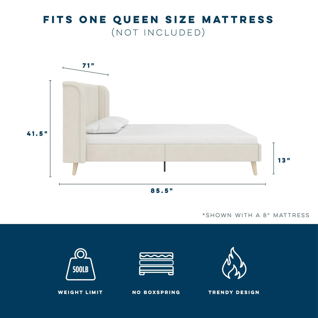 Queen Ivory Velvet Upholstered Wingback Bed V572