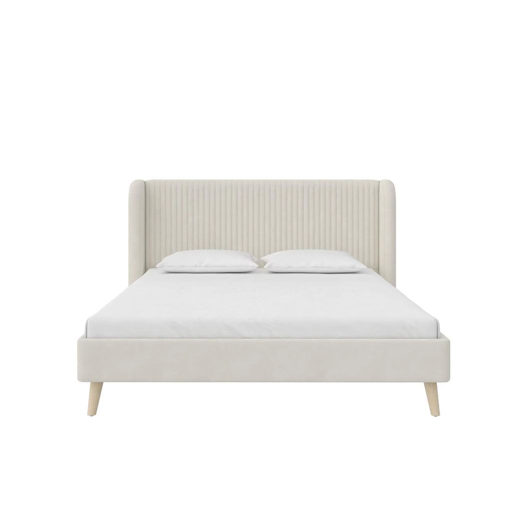 Queen Ivory Velvet Upholstered Wingback Bed V572