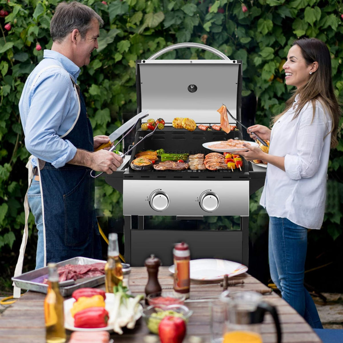 Portable 2 Burners Propane Gas Grill with Storage Shelf X8353