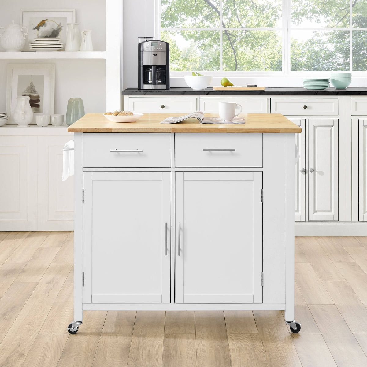 White Drop-Leaf Kitchen Island Cart M87559
