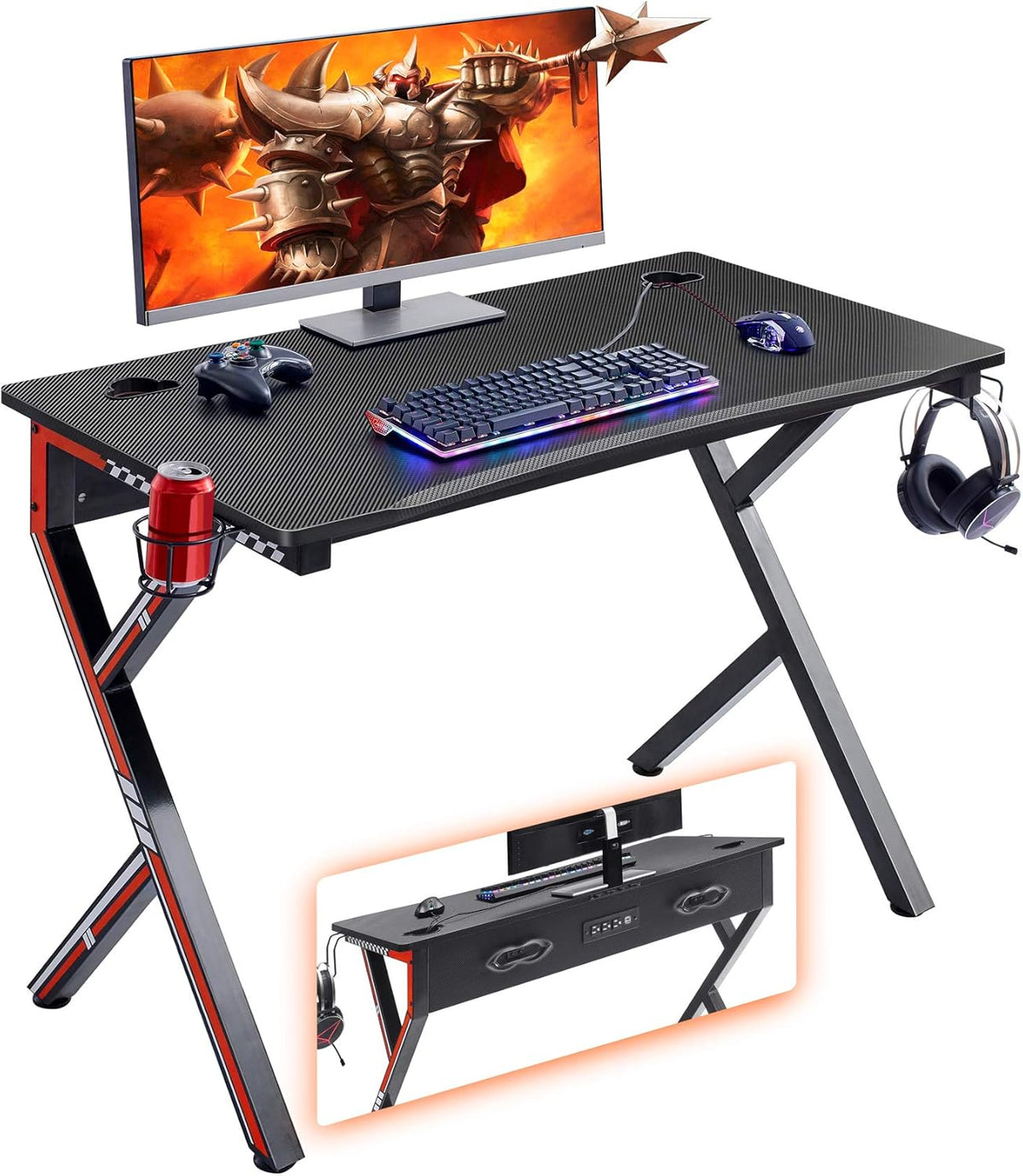 Large Black Gaming Desk with Cup Holder and Headphone Hook Z8628