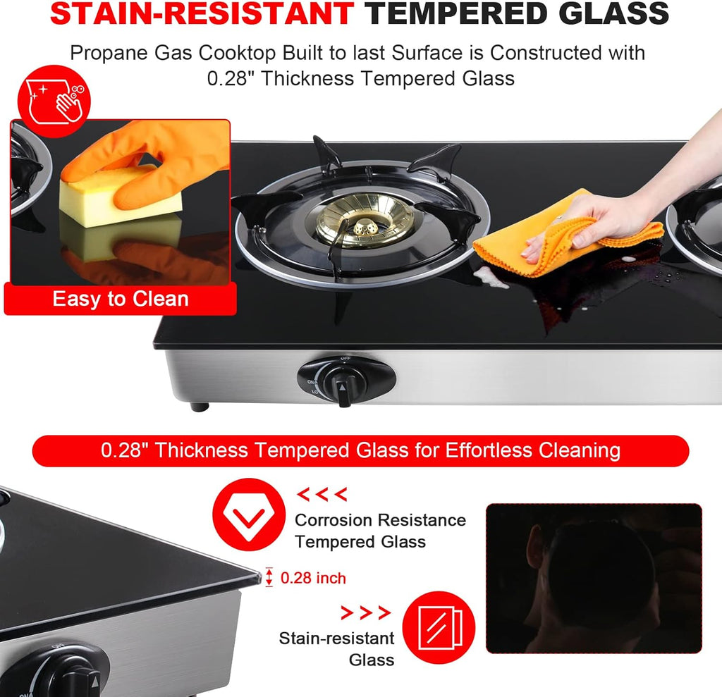 Propane Gas Cooktop 2 Burners Tempered Glass Auto Ignition Y5244