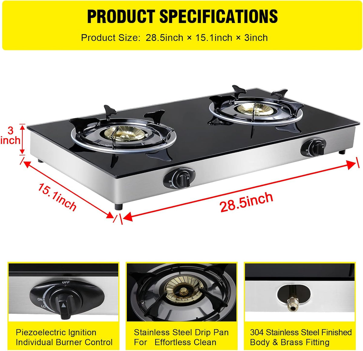 Propane Gas Cooktop 2 Burners Tempered Glass Auto Ignition Y5244