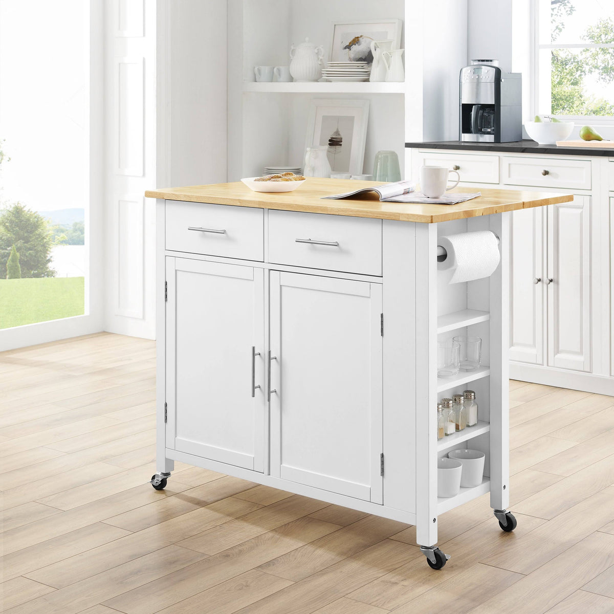 White Drop-Leaf Kitchen Island Cart M87559