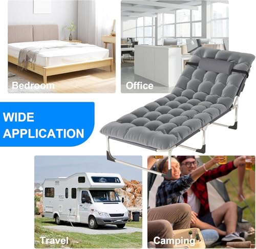 Portable Folding Camping Cot, Oversize Adjustable 5-Position Reclining Lounge Chairs with Pillow, Heavy Duty Oxford Cloth 600D with Mattress Gray B759