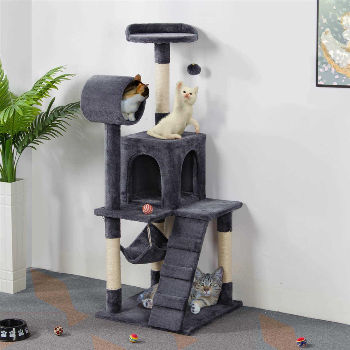 Plush Cat Tree Condo with Hammock Tunnel W102