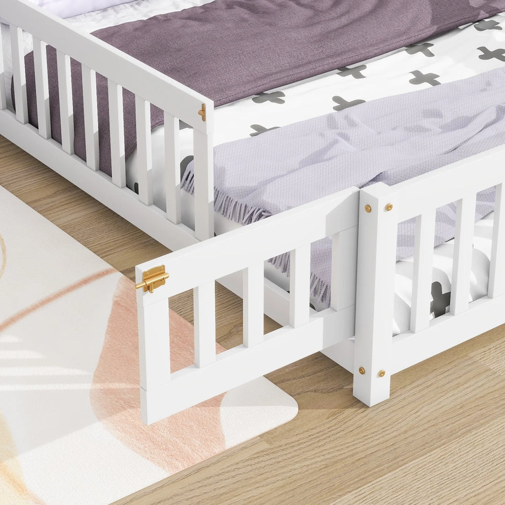 Grey Twin Size Wood Floor Bed with Fence C169