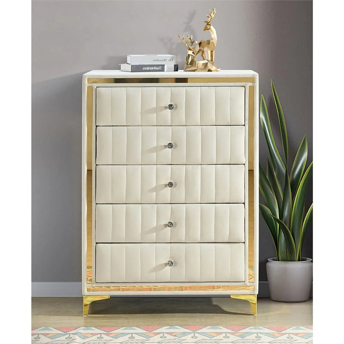 Cream Velvet Upholstered 5-Drawer Chest T243799