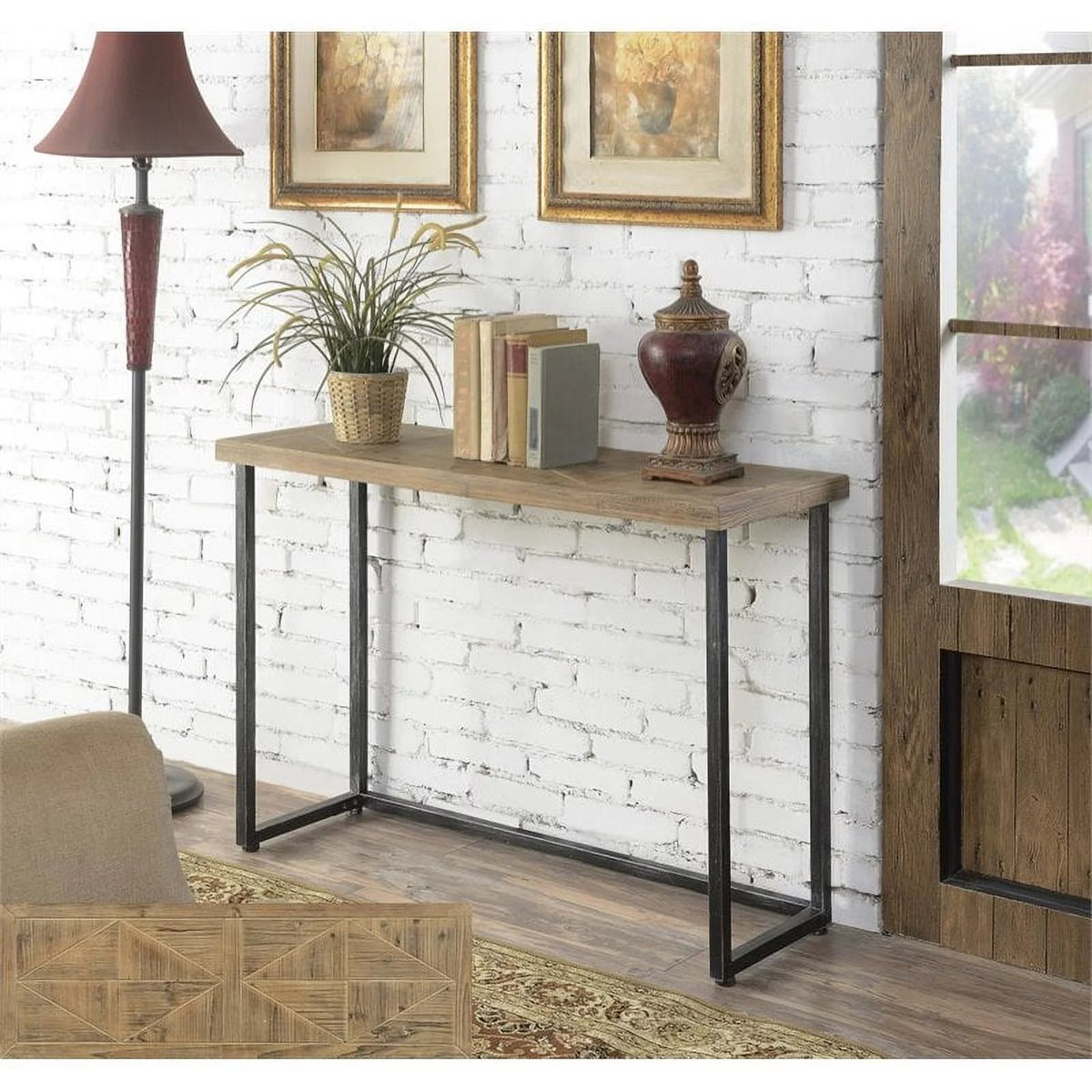 Farmhouse Console Table in Natural Wood Finish and Black Frame E72079