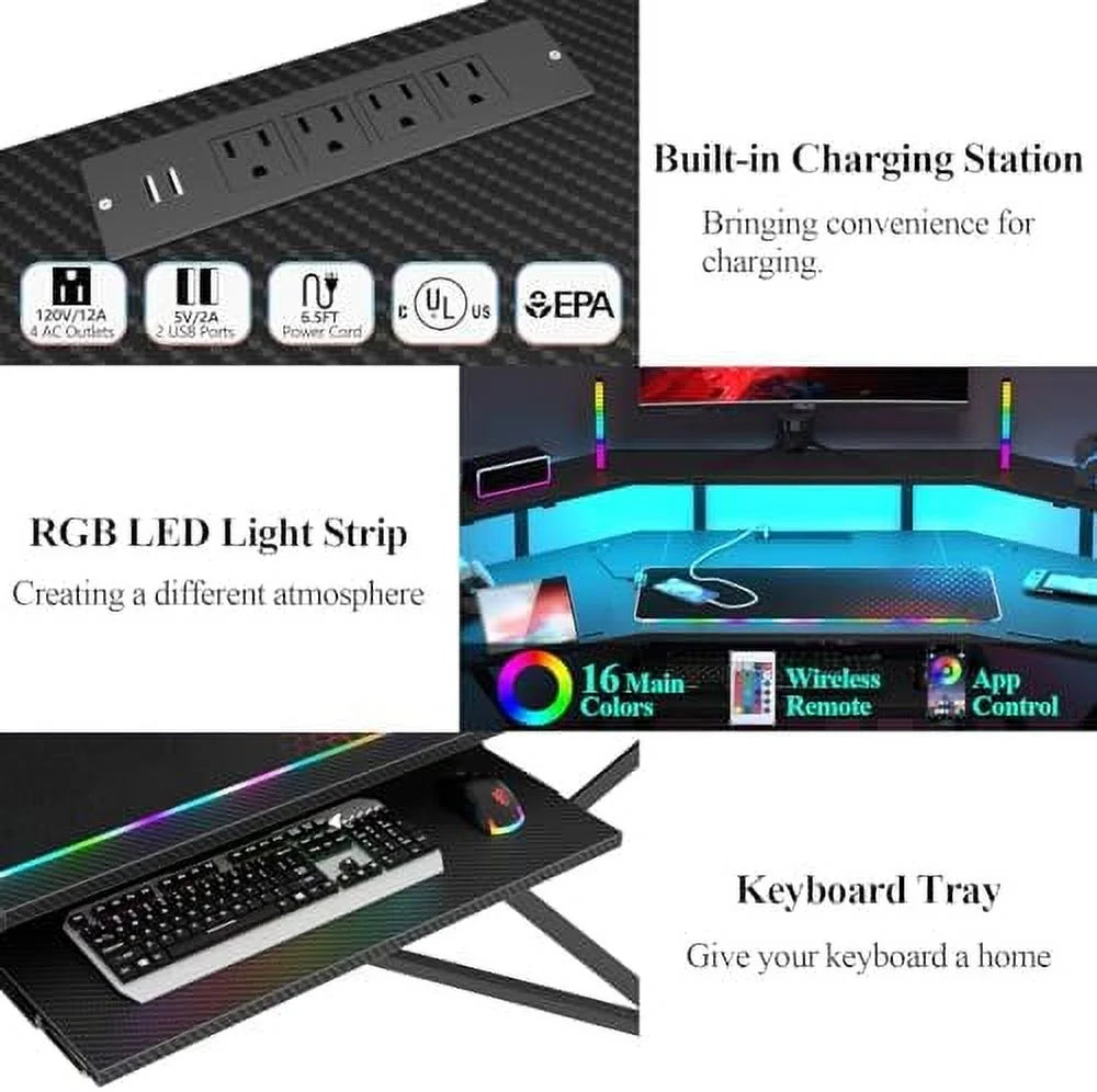 72" Gaming Desk with Power Outlet & Led Strip C100