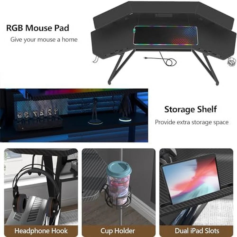 72" Gaming Desk with Power Outlet & Led Strip C100
