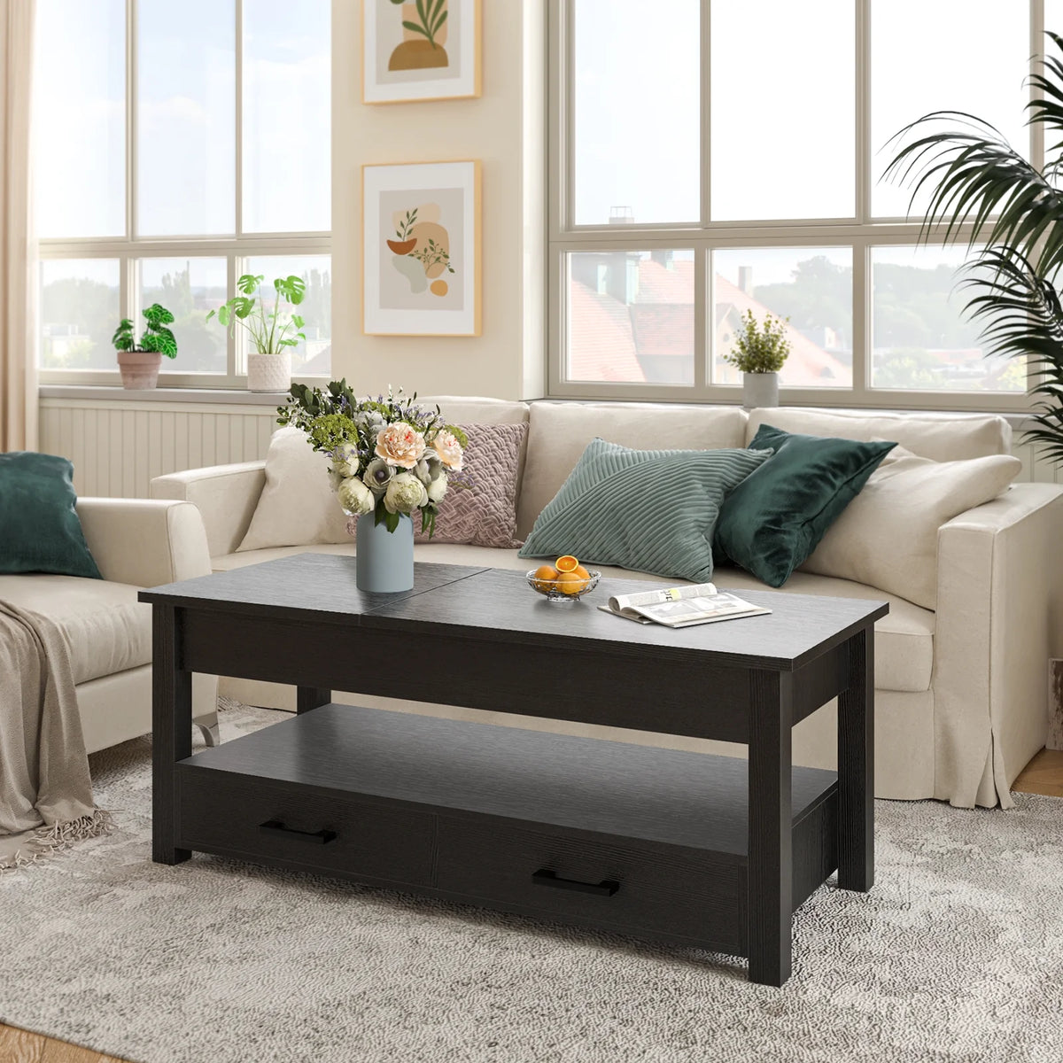 47.2'' Lift Top Coffee Table with Storage, 2 Drawers Black V16623