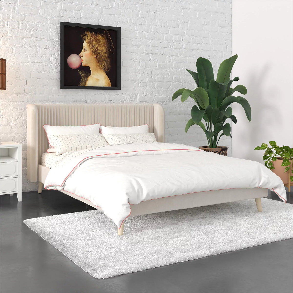 Queen Ivory Velvet Upholstered Wingback Bed V572