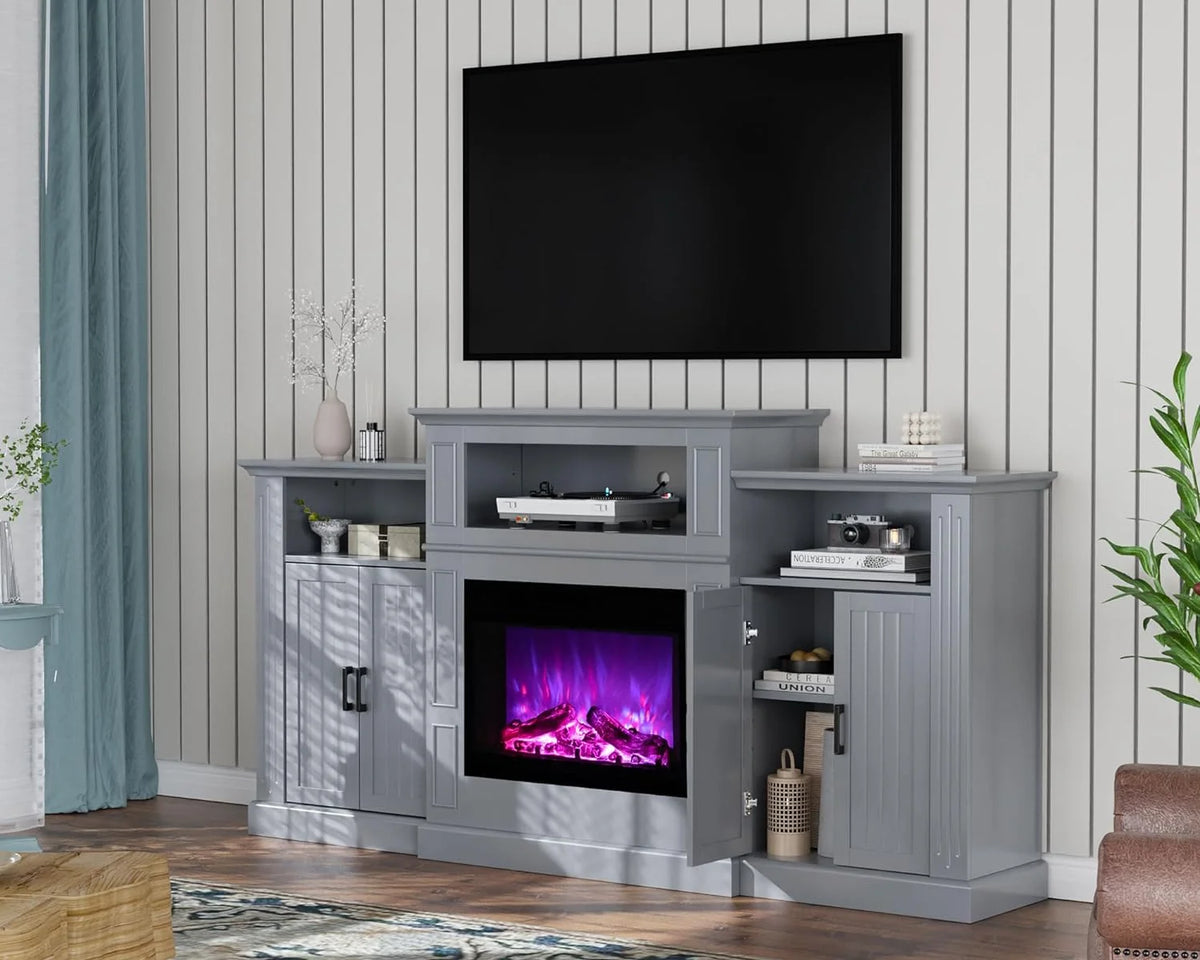 Electric Fireplace with Mantel, 79 inches Fireplace TV Stand Media Console Entertainment Center, Gray T170353