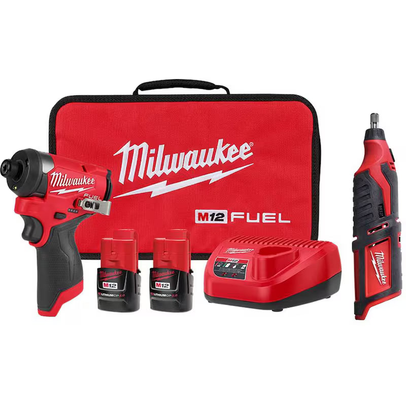 12-Volt Lithium-Ion Brushless Cordless 1/4 in. Hex Impact Driver Kit with Rotary Tool E7233