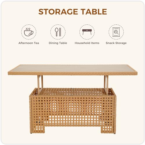 Beige Wicker Rattan Adjustable Lift Top Coffee Dining Table H881