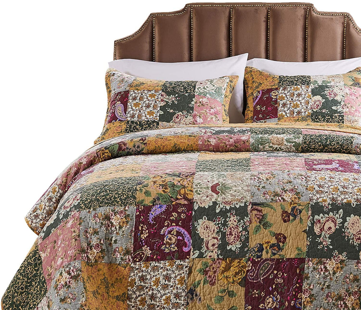 Antique Chic Reversible Cotton Patchwork Bedspread Set, 3-Piece King E1094