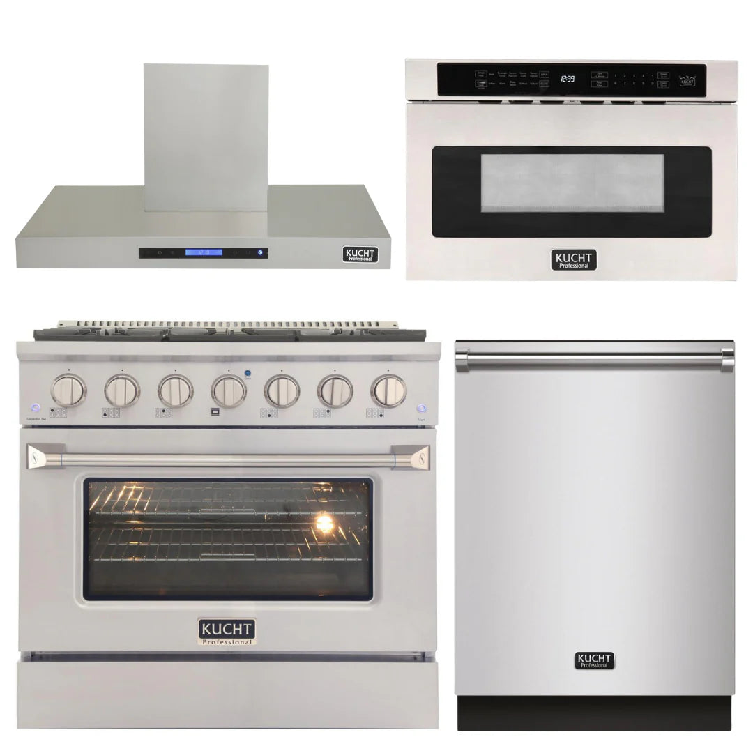 36 in. Natural Gas Range, Range Hood, Microwave Drawer & Dishwasher X8128