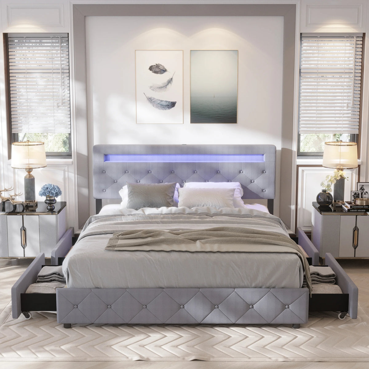Full Size Upholstered Platform Bed Frame with LED Light Headboard Z1953