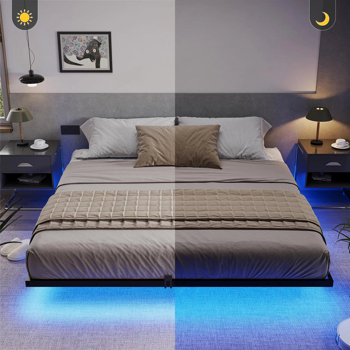 Queen Size Black Metal Platform Bed Frame with LED Lights T860