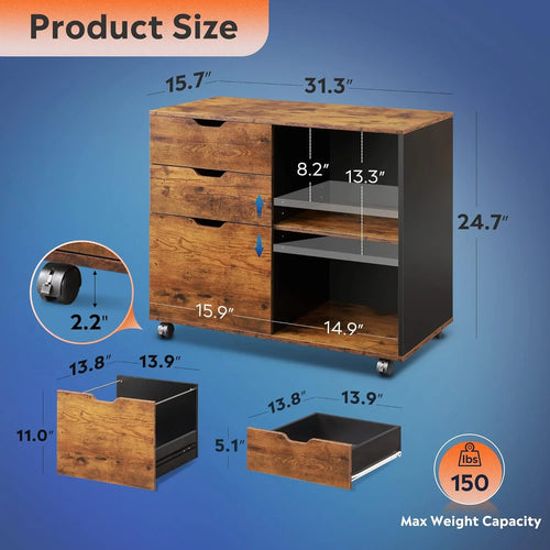 3 Drawer Rolling File Cabinet with Storage Shelves O6040