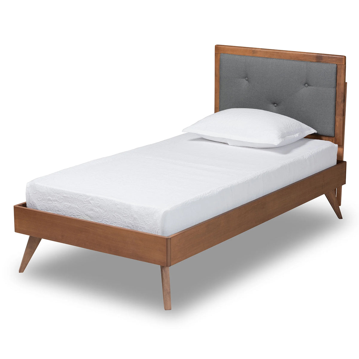 Dark Grey Fabric Upholstered Walnut Brown Wood Twin Size Platform Bed F35303