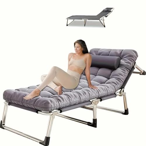 Portable Folding Camping Cot, Oversize Adjustable 5-Position Reclining Lounge Chairs with Pillow, Heavy Duty Oxford Cloth 600D with Mattress Gray B759