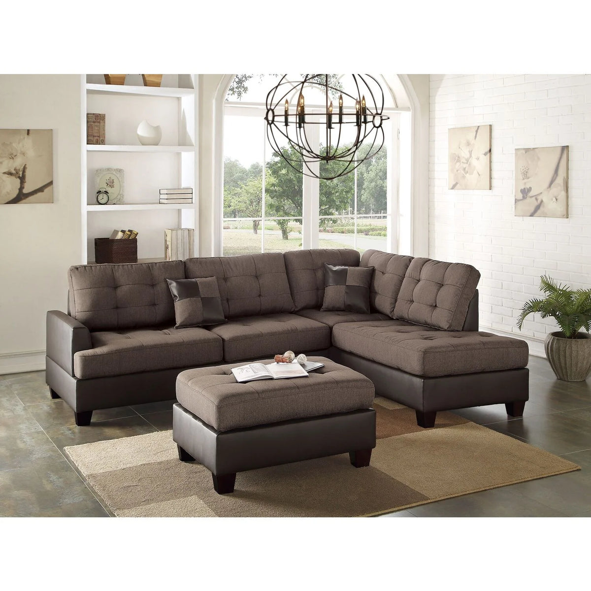 3 Piece Fabric Sectional Sofa Set with Ottoman O590117