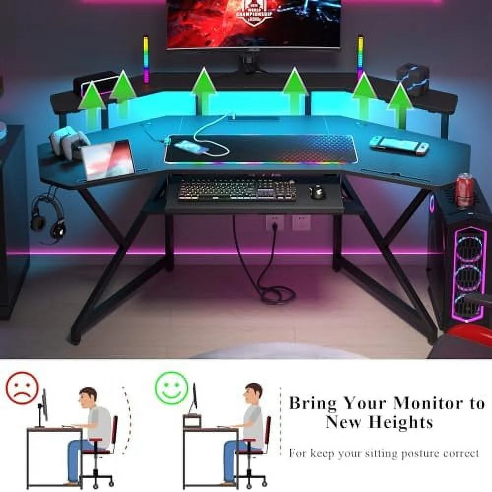 72" Gaming Desk with Power Outlet & Led Strip C100