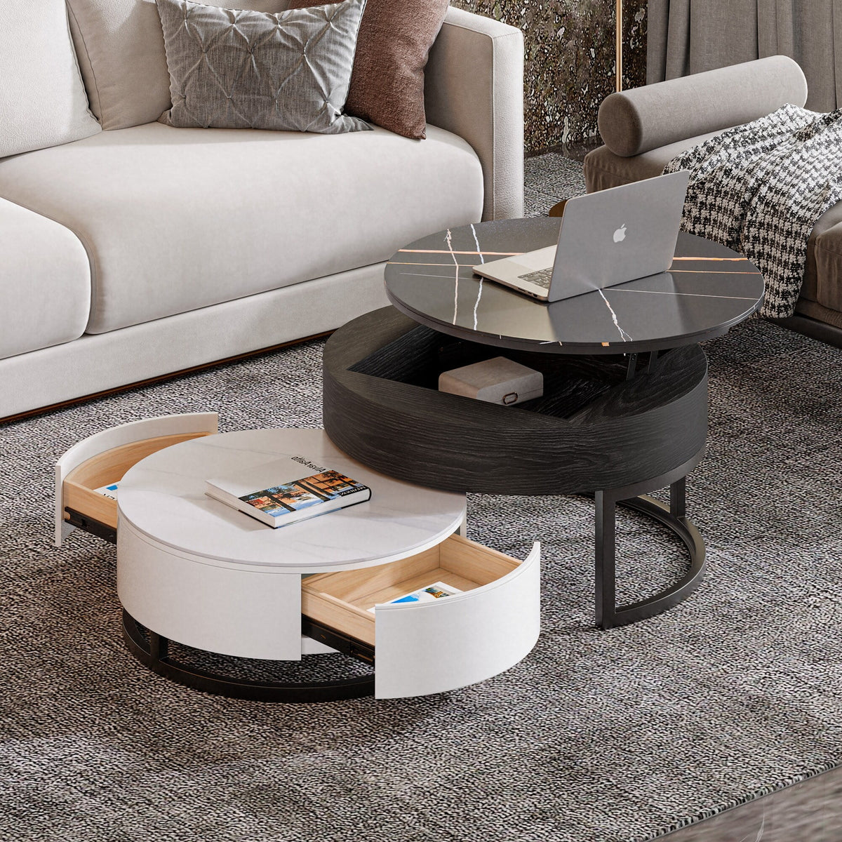 Round Lift-Top Nesting Coffee Table Set with 2 Drawers Z863