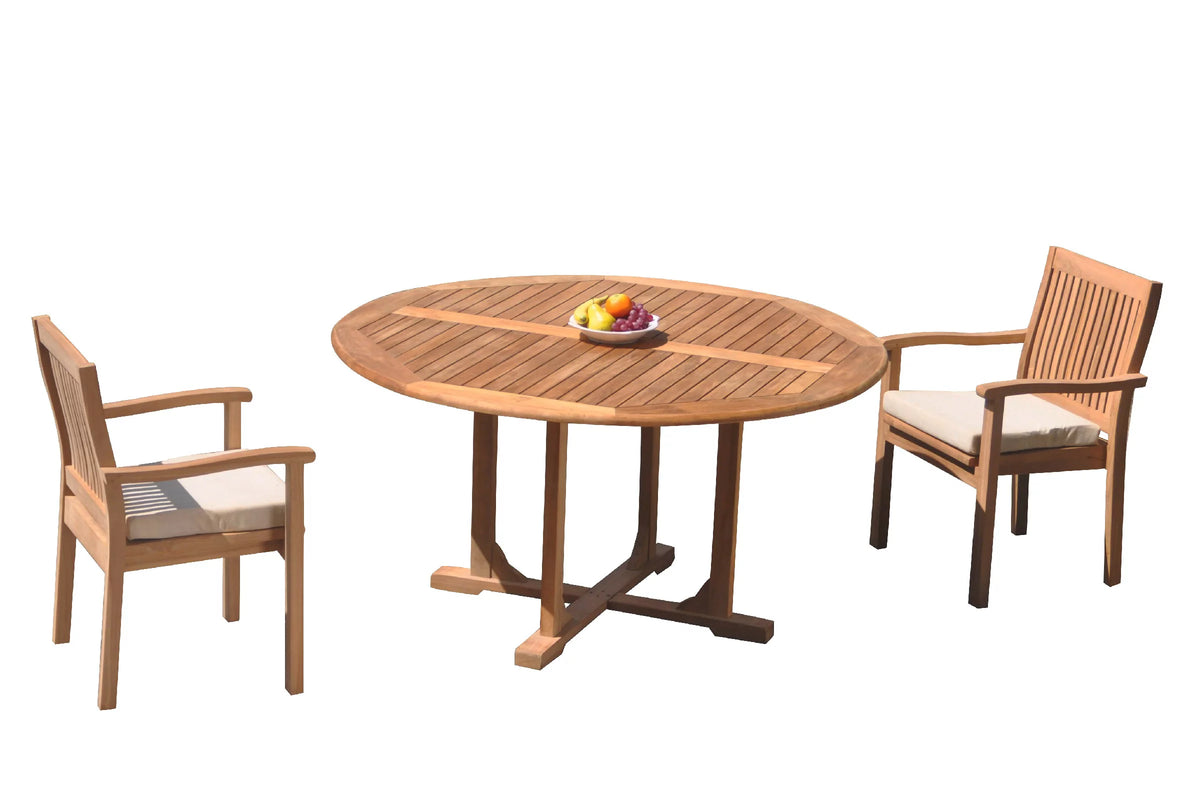 Grade-A Teak 3 Pc Dining Set with 60" Round Table and 2 Stacking Arm Chairs C483059