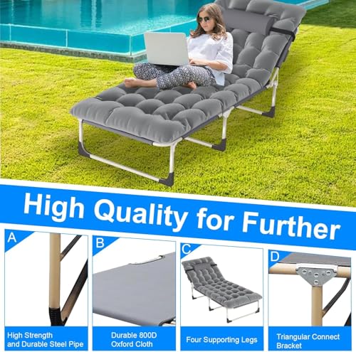 Portable Folding Camping Cot, Oversize Adjustable 5-Position Reclining Lounge Chairs with Pillow, Heavy Duty Oxford Cloth 600D with Mattress Gray B759