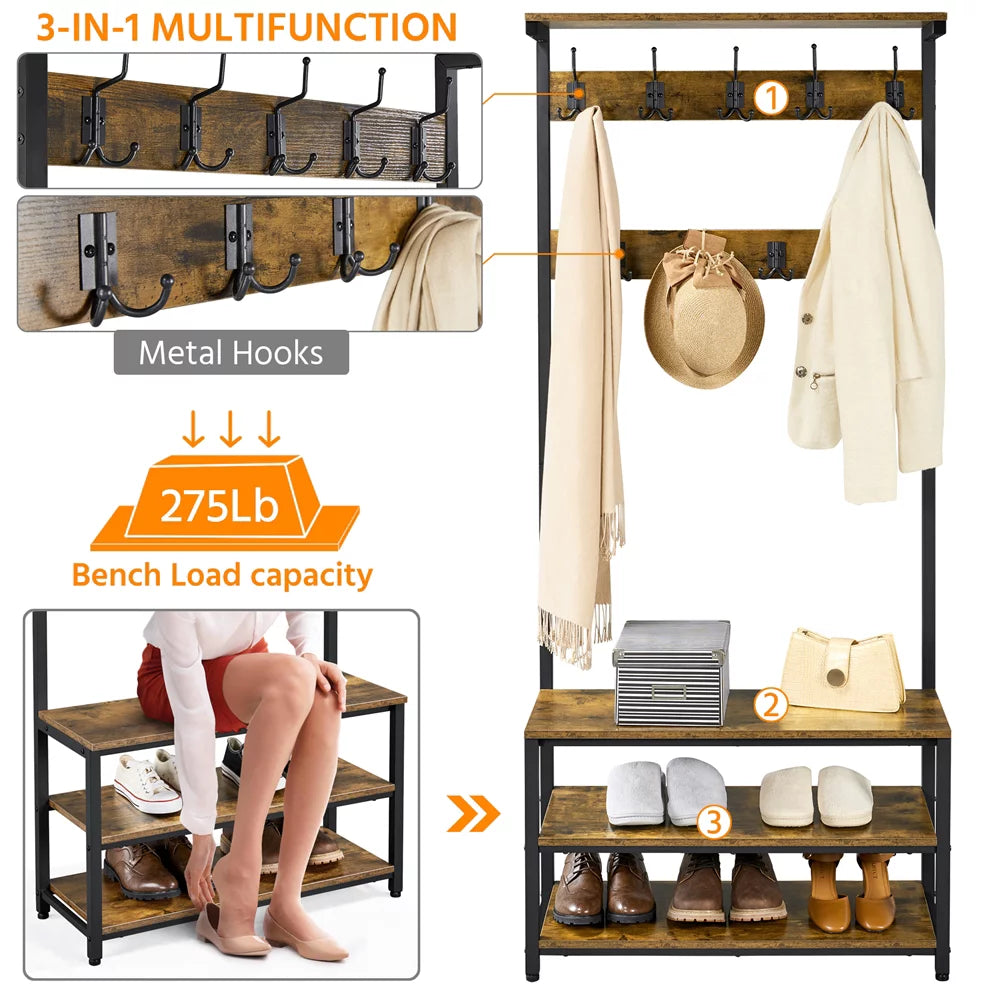 Industrial Entryway Hall Tree with Bench and Shoe Storage X3688