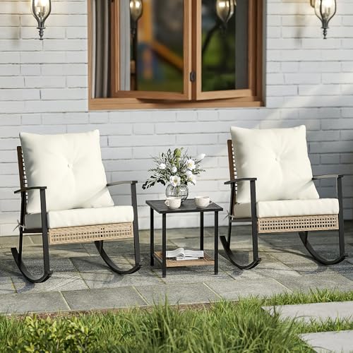 3 Piece Oversize Rattan Patio Rocking Chair Set with Coffee Table P53205