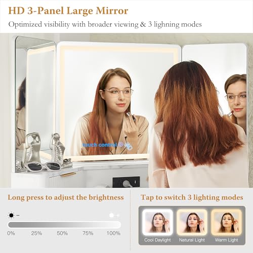 White Corner Vanity Desk with Mirror and Lights, Glass Top, 3 Drawers M60150