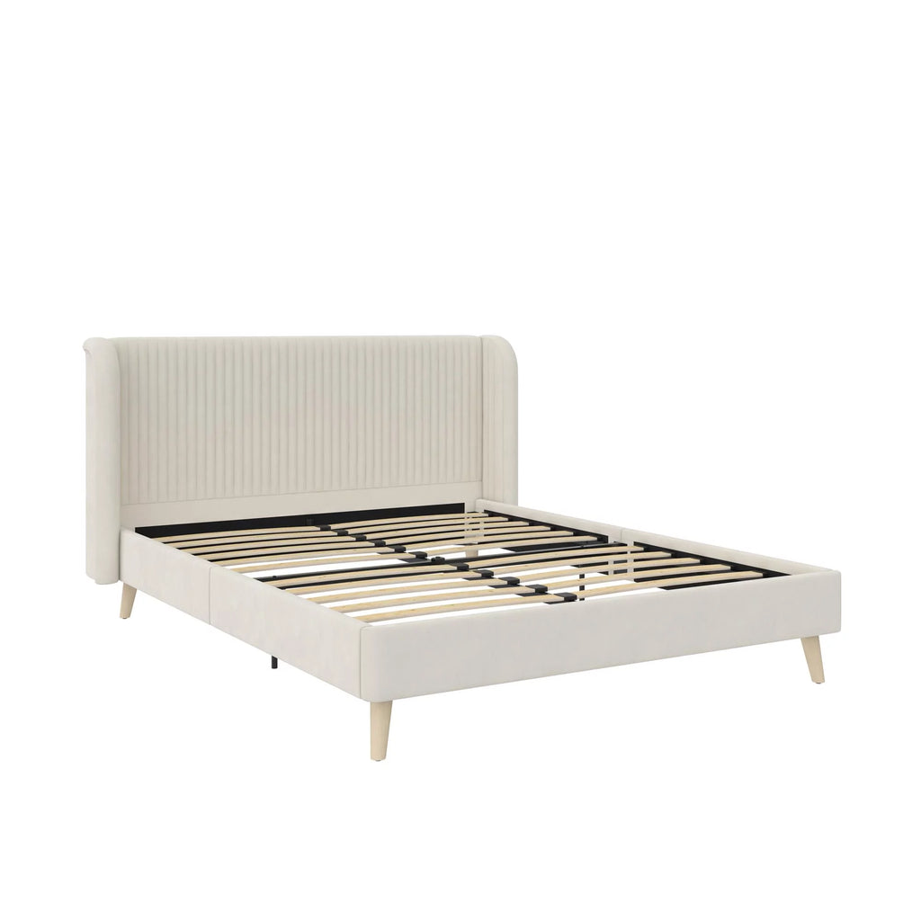 Queen Ivory Velvet Upholstered Wingback Bed V572