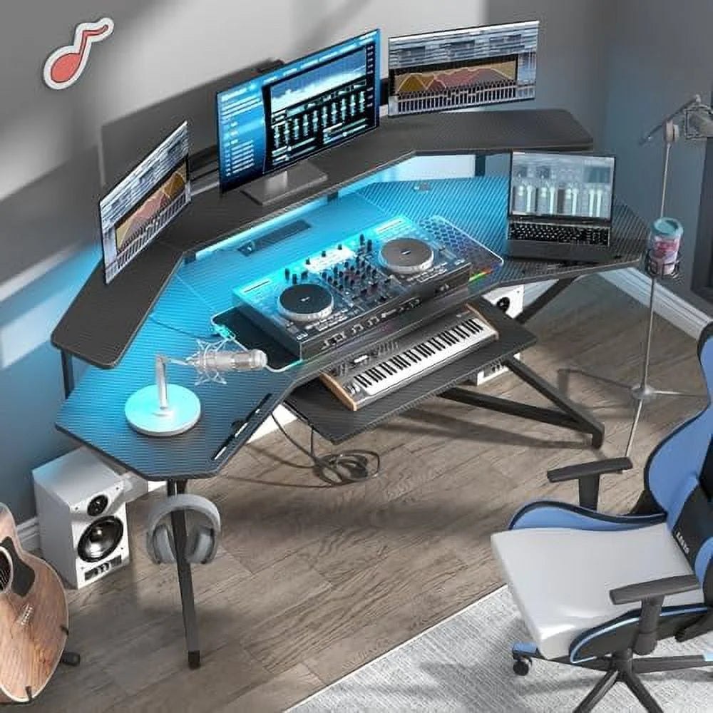 72" Gaming Desk with Power Outlet & Led Strip C100