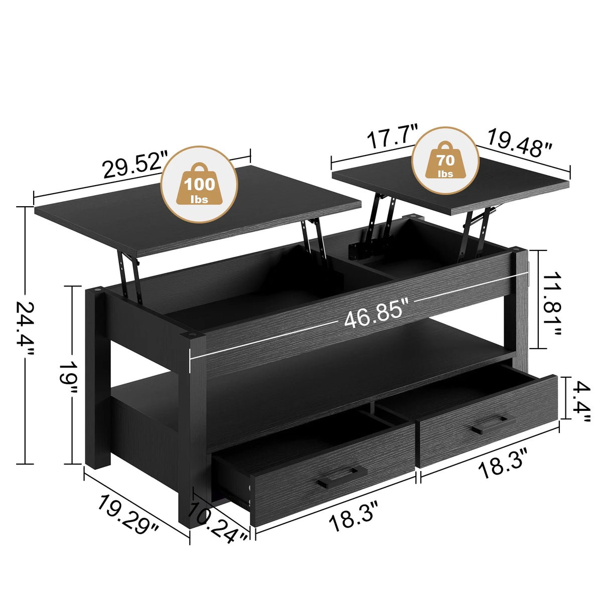 47.2'' Lift Top Coffee Table with Storage, 2 Drawers Black V16623